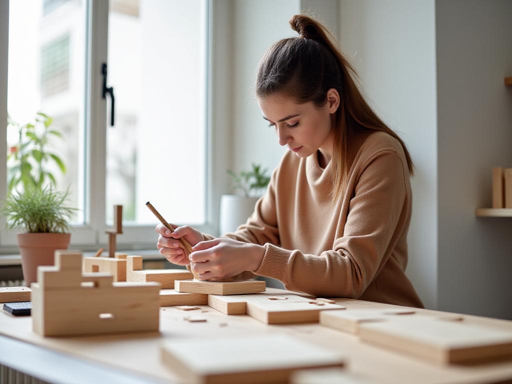 Arquitecto trabajando en maquetas de madera